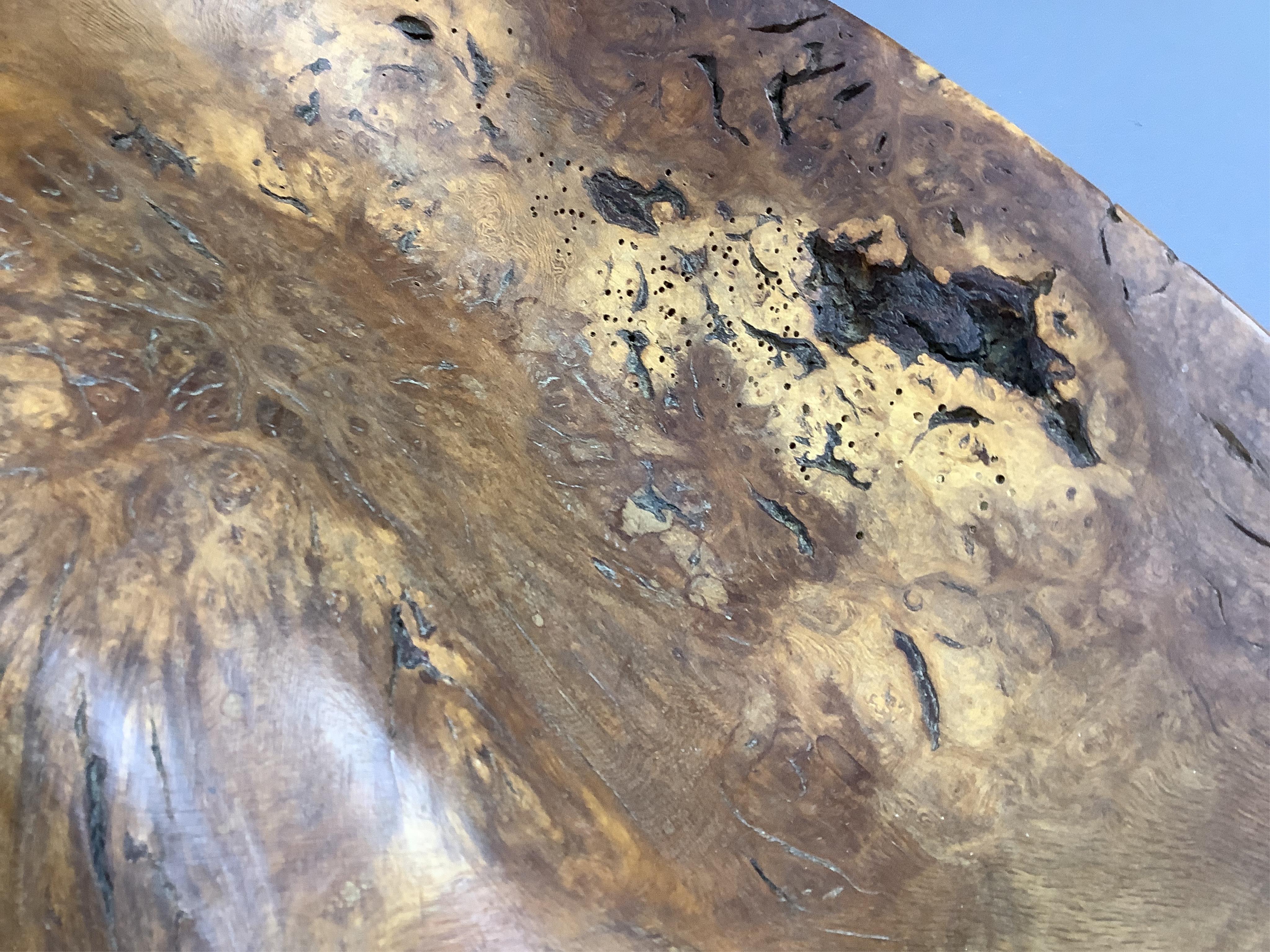 A large free form burr elm fruit bowl or centre dish, 45cm wide